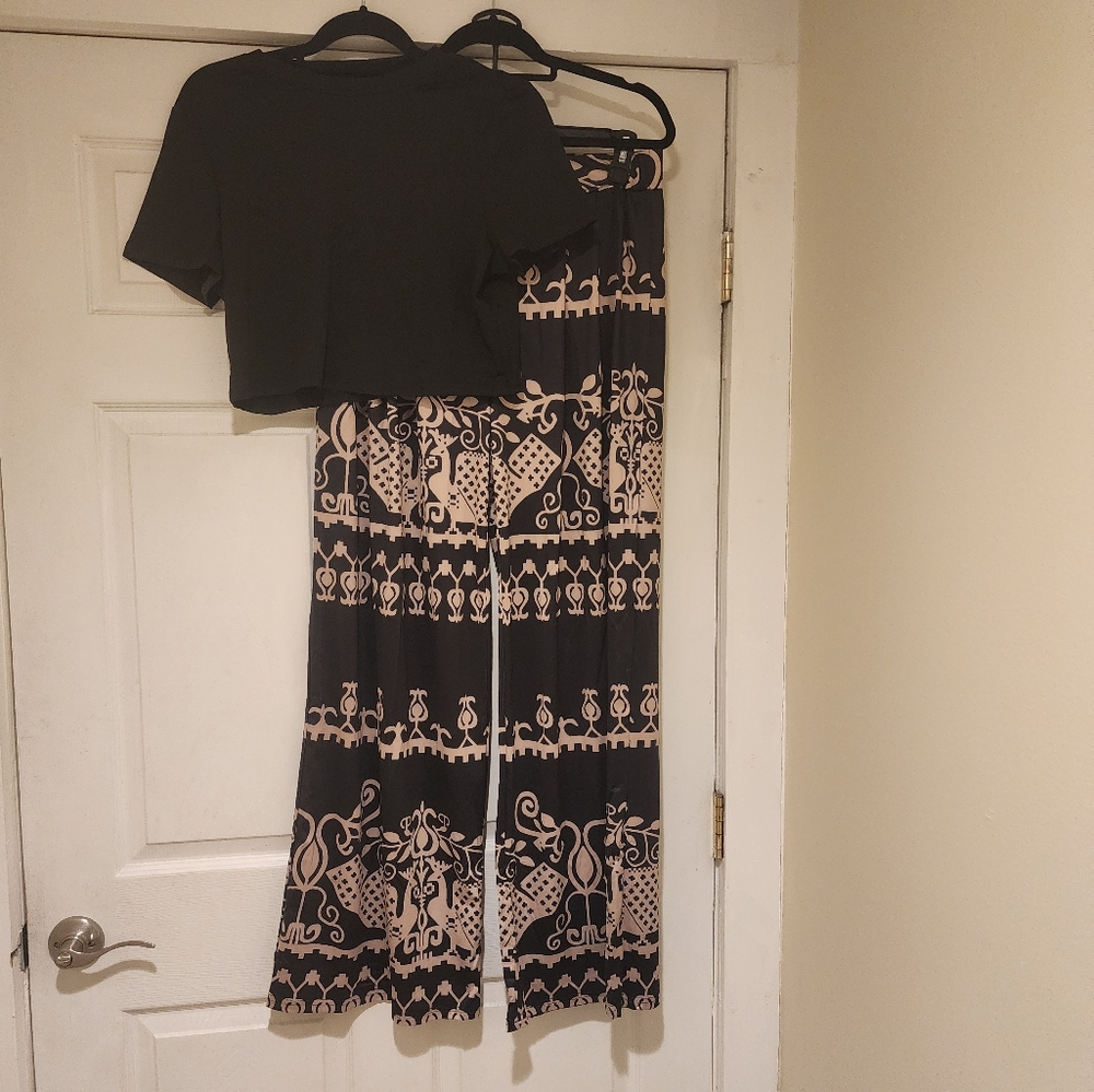 Black and Tan Wide Leg Crop Top 2 Piece Set